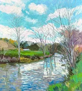 A painting of a river with trees and a house in the background.
