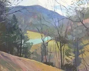 A painting of a river surrounded by trees and mountains.