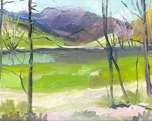 A painting of a landscape with trees and mountains in the background.