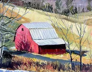 A painting of a red barn on a hillside with trees in the background.
