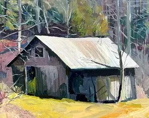A painting of an old barn in the woods