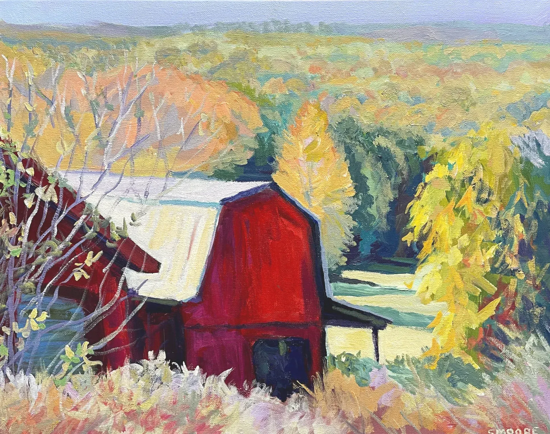 A painting of a red barn in the middle of a field