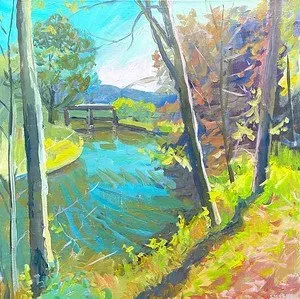 A painting of a river surrounded by trees and grass with a bridge in the background.