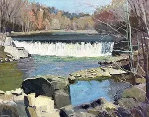 A painting of a river with a waterfall in the background.