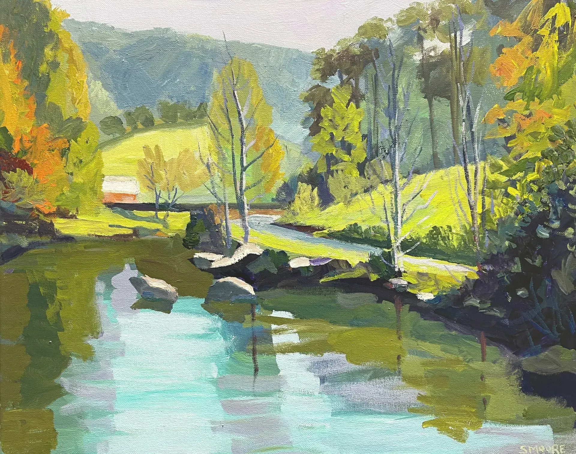 A painting of a river surrounded by trees and grass