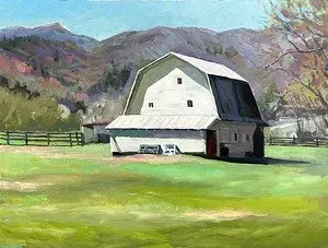 A painting of a white barn in a field with mountains in the background.
