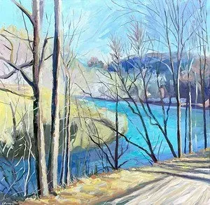 A painting of a river surrounded by trees on a sunny day.