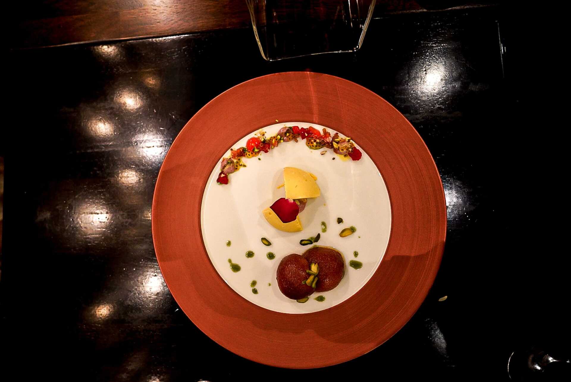 A plate of food on a table that looks like a snowman