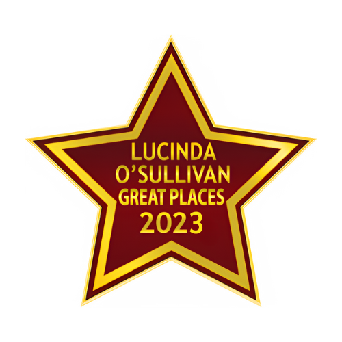 A red and gold star that says lucinda o ' sullivan great places 2023