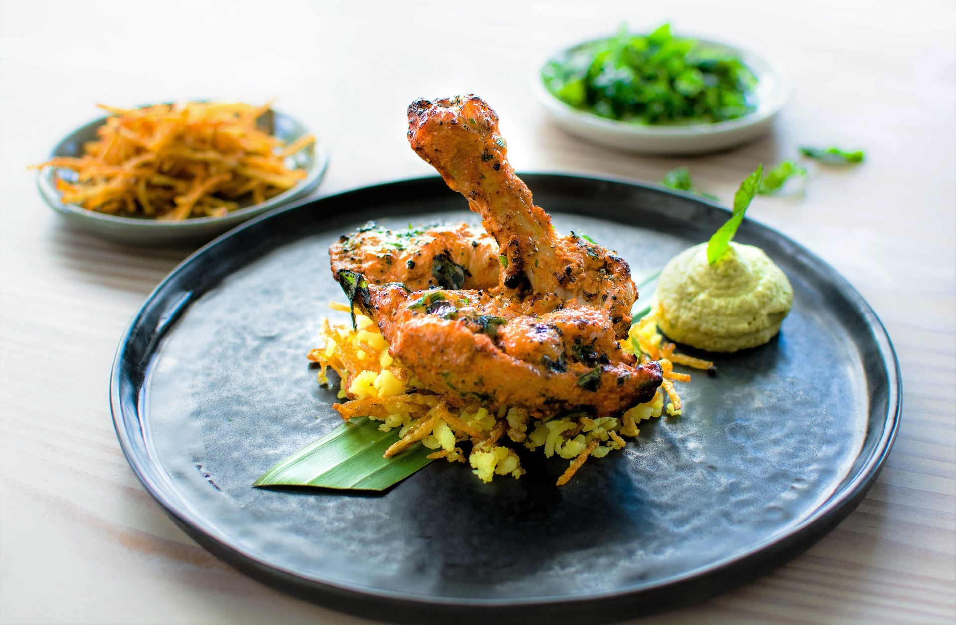 A close up of a plate of food on a table.