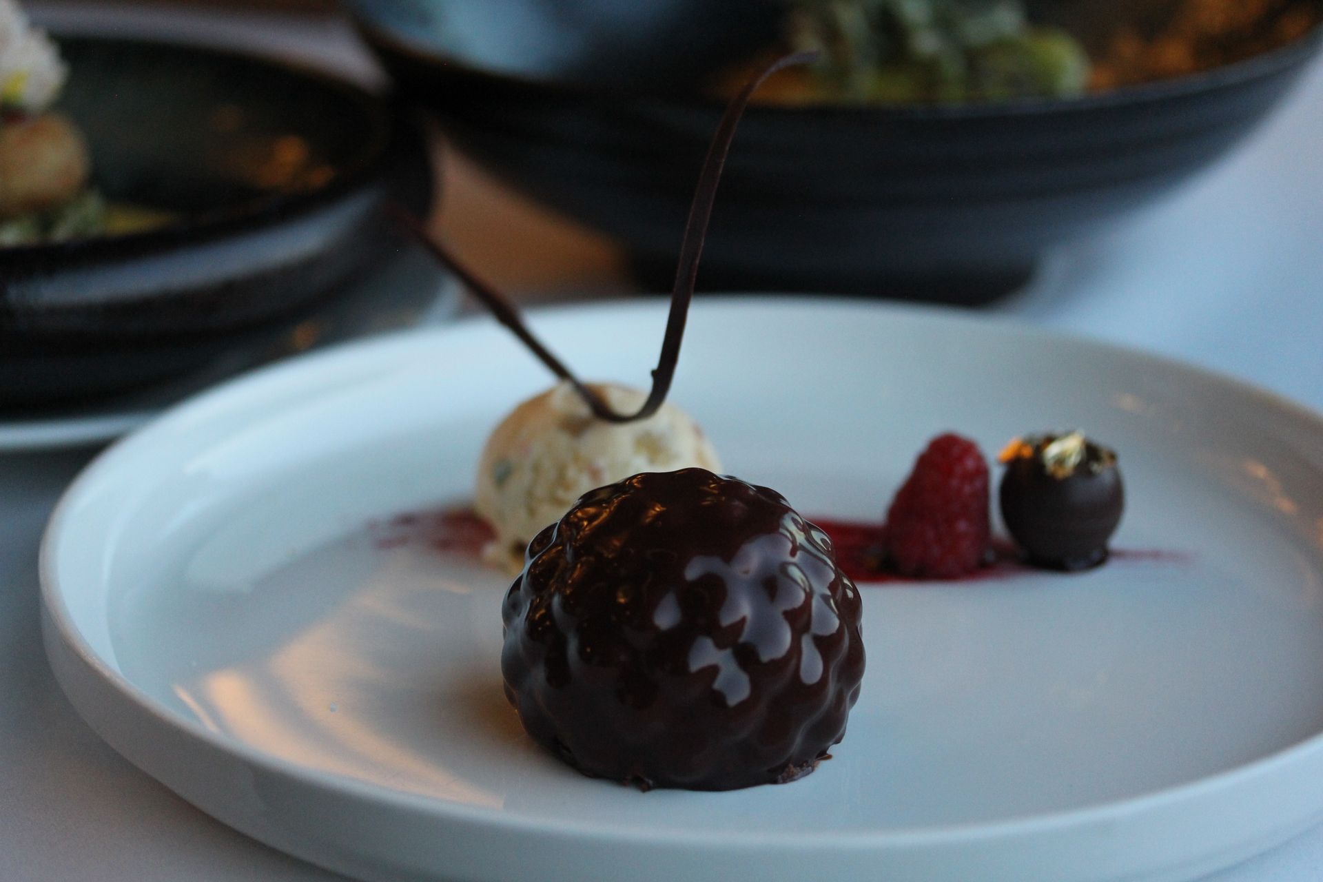 A chocolate dessert with ice cream and raspberries on a white plate