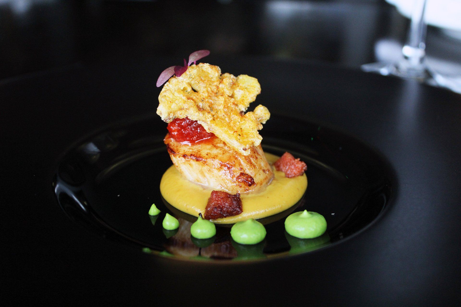 A close up of a plate of food on a table.