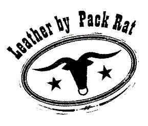 A black and white logo for leather by pack rat with a bull head and stars.