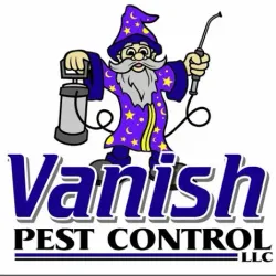 Wizard holding pest control sprayer, logo for Vanish Pest Control LLC.