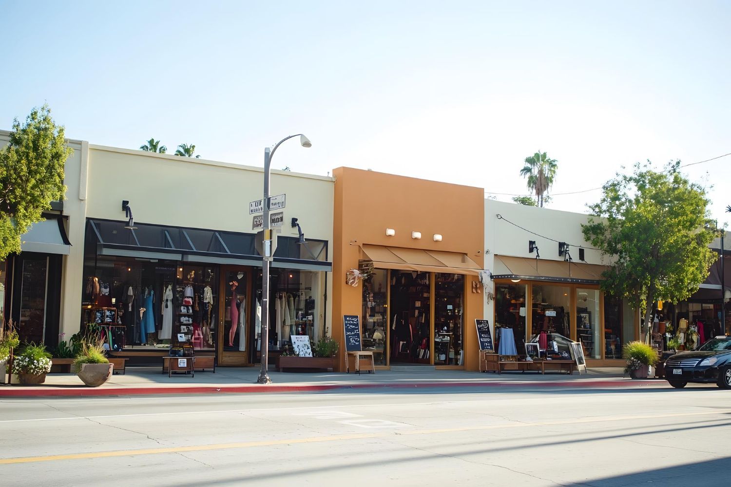 Shops along a street with awnings and merchandise in windows. Tan and orange buildings.