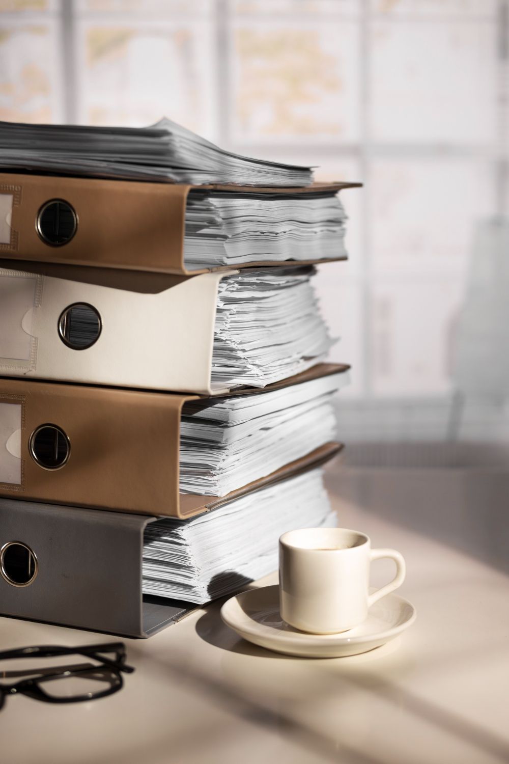Stack of file folders and coffee cup on a desk, with eyeglasses nearby.