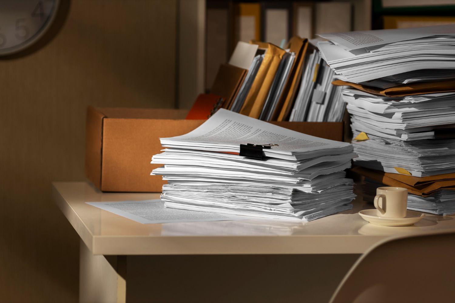 Cluttered desk with stacks of papers, a box, and a coffee cup, in an office setting.