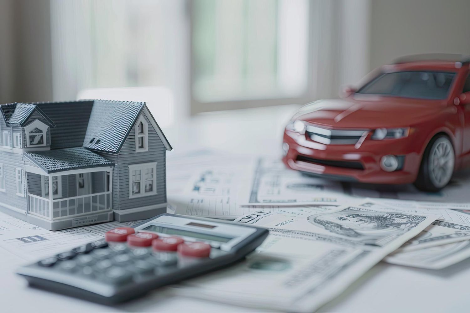 Miniature house, red car, calculator, and cash on a table, symbolizing financial planning.