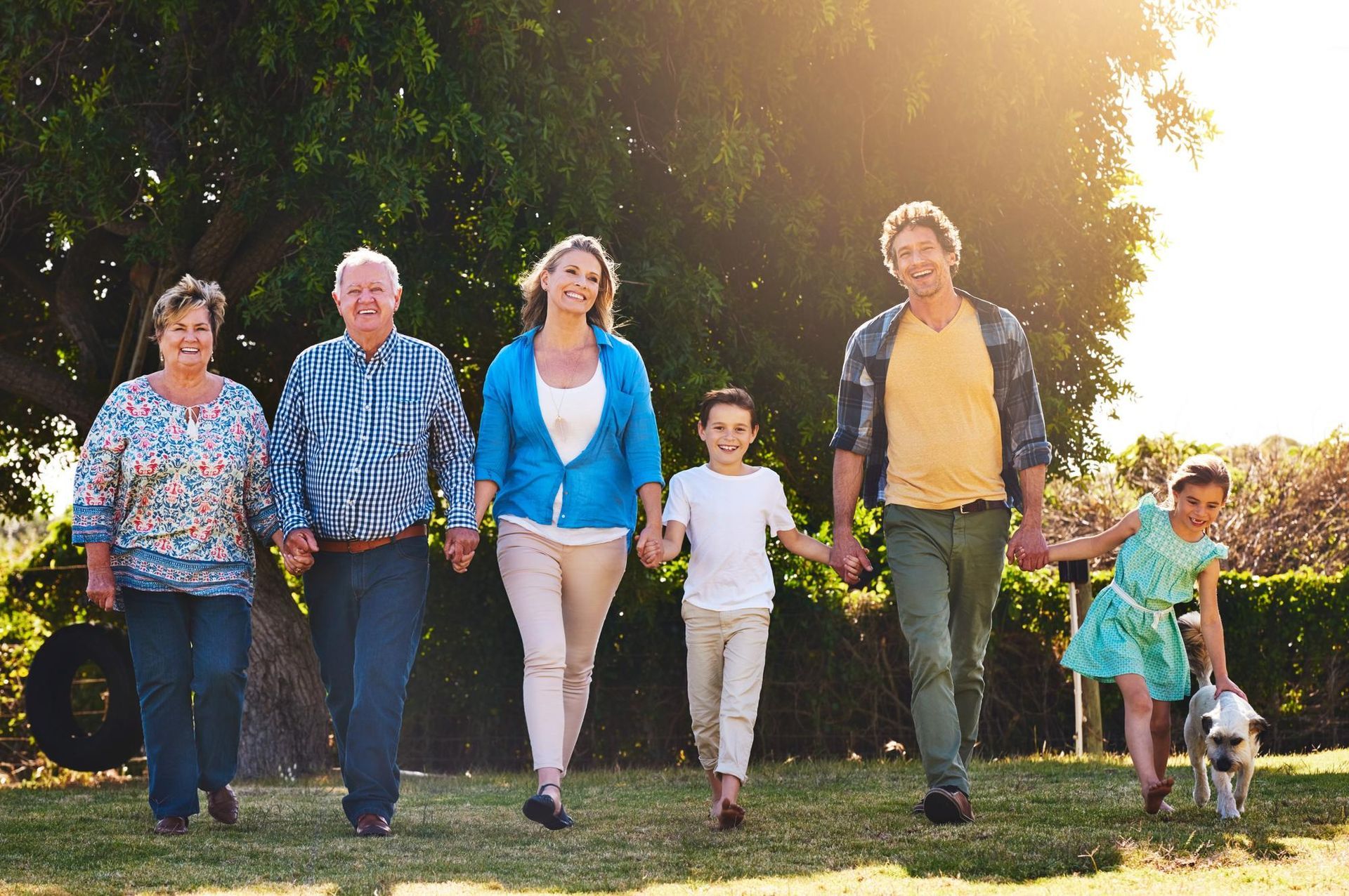 Family of seven walking on grass, holding hands, with dog; sunny outdoors.
