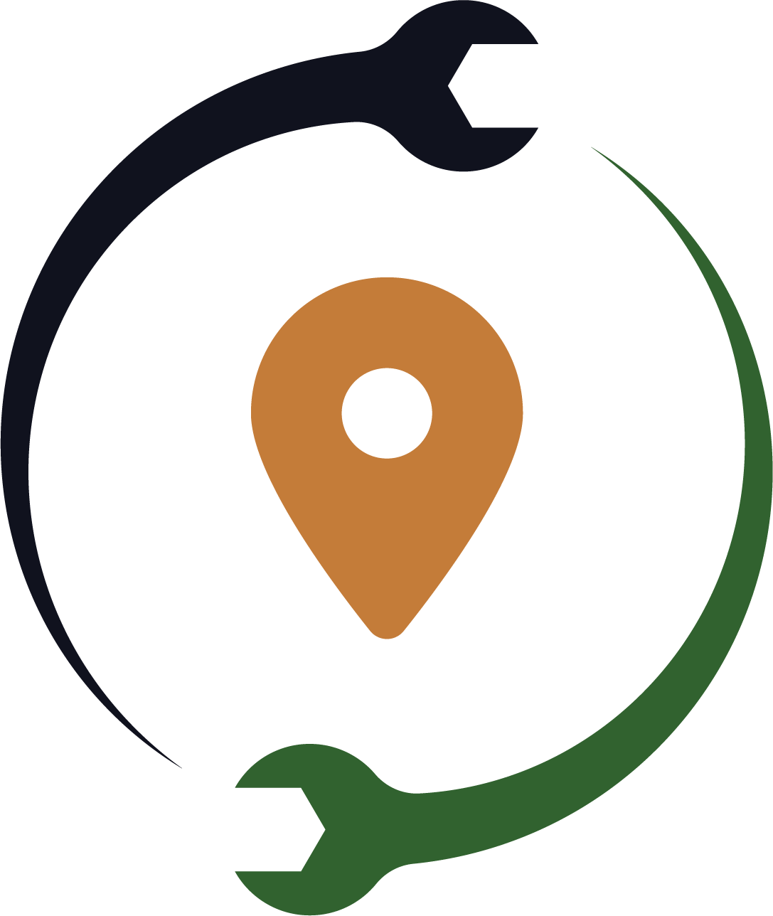 A wrench is surrounded by a map pin and a circle.