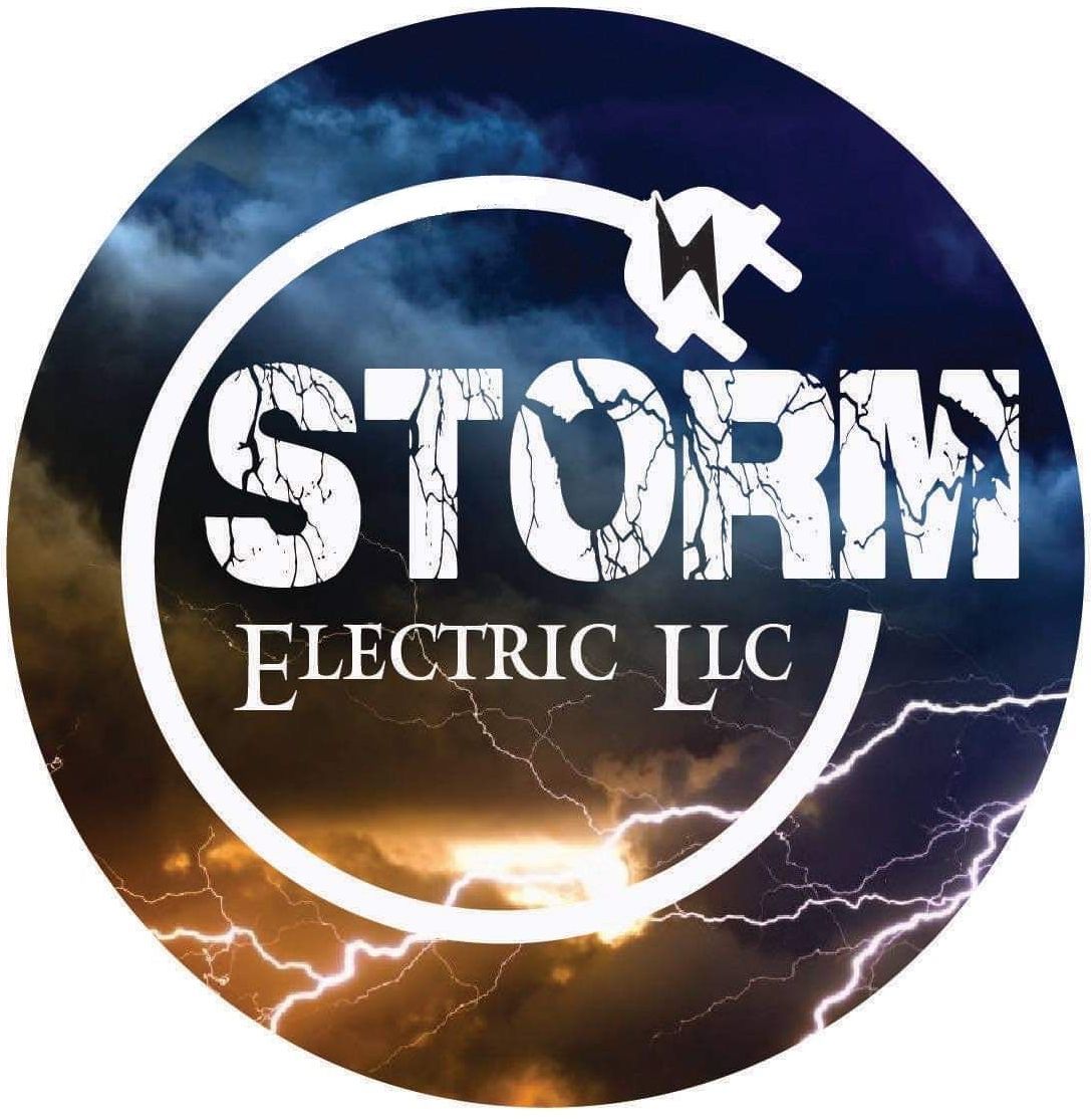 a logo for storm electric llc with lightning in the background