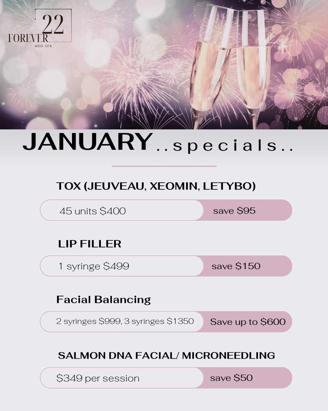 January specials from Forskin: Tox, lip filler, facial balancing, and salmon DNA facial/microneedling, with savings.
