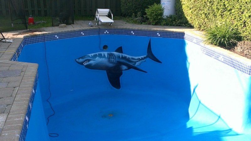 Un requin est peint sur le bord d'une piscine