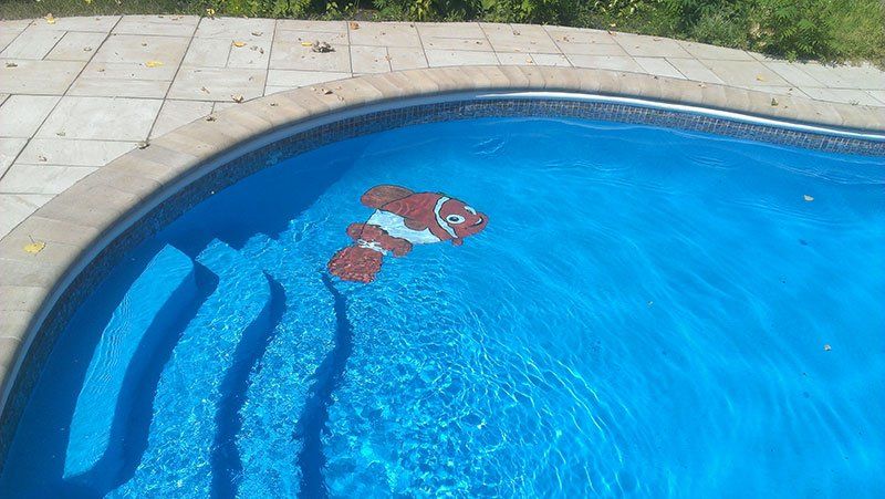 Piscine bleue avec une mosaïque décorative de poissons au sol.