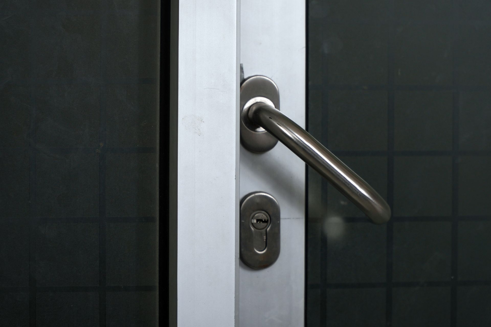 Close-up of a modern metal door handle and lock on a glass door.