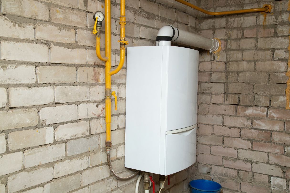 Boiler and pipes installed onto a brick wall.