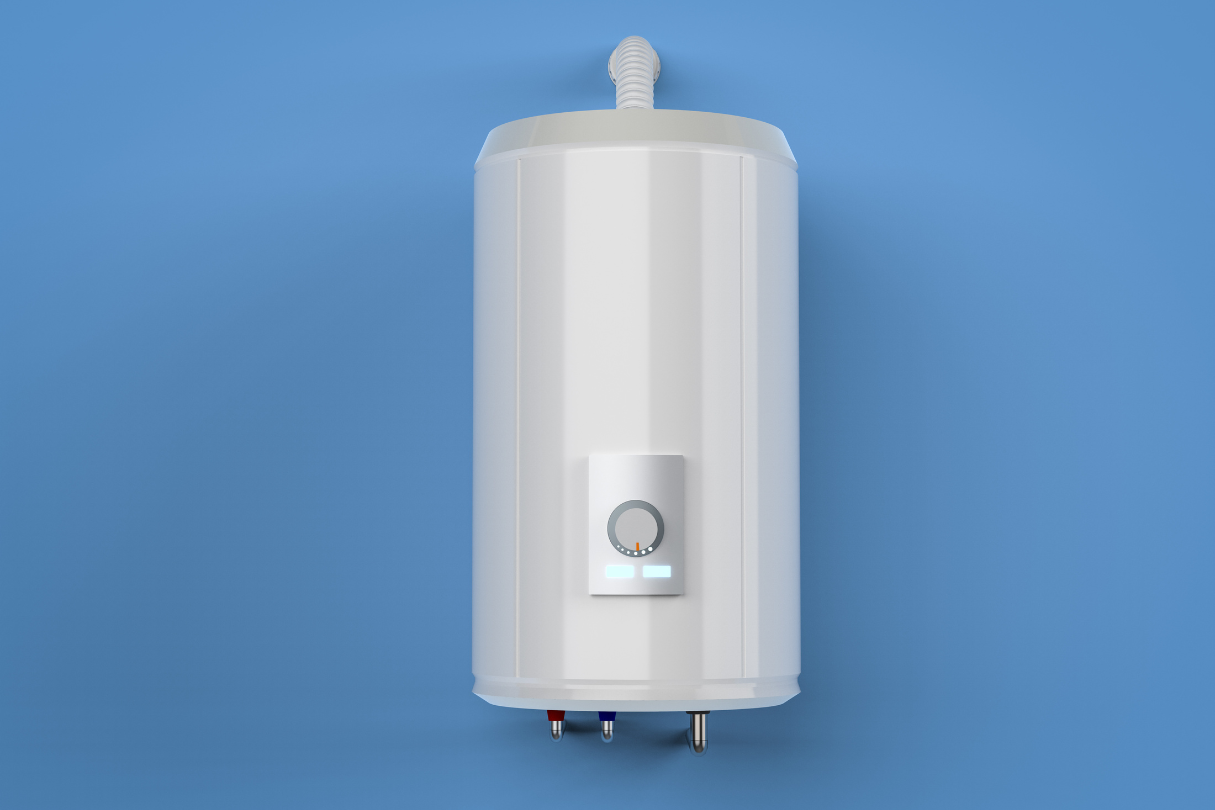 A slim, white boiler placed on a blue painted wall.