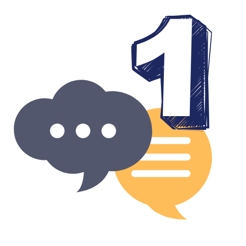 Number 1 above two speech bubbles; one grey with dots, one yellow with lines.