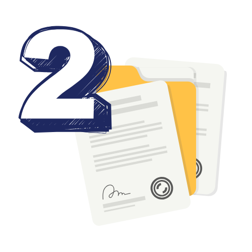 Number 2 over three file folders with documents.