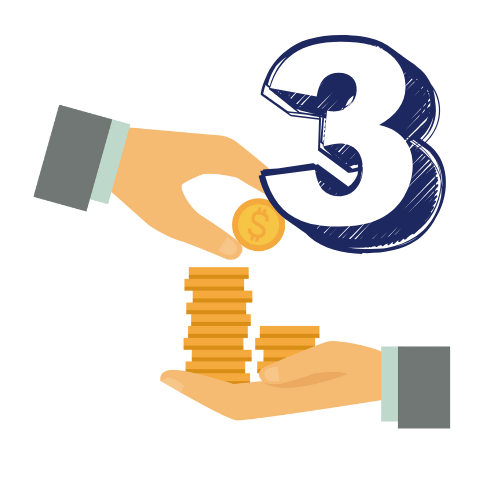 Hands giving and receiving coins. Number 3 above.