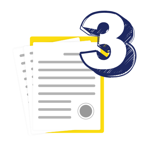 Yellow clipboard with stacked documents, gray text, and the number 3 in blue and white.
