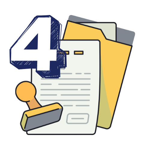 Number 4 over documents, folder, and stamp.