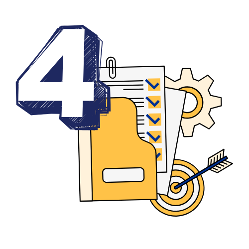 Number 4 with documents, a gear, and a target.