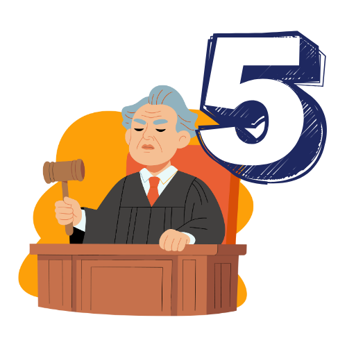 Judge at desk holding gavel, large number 5 beside him.