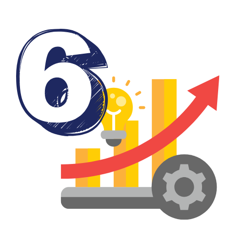 Number 6 over a growing chart with a lightbulb, gear, and upward arrow.