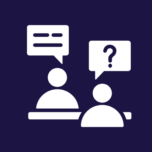 Two people communicating: one speaking, one asking a question in speech bubbles.