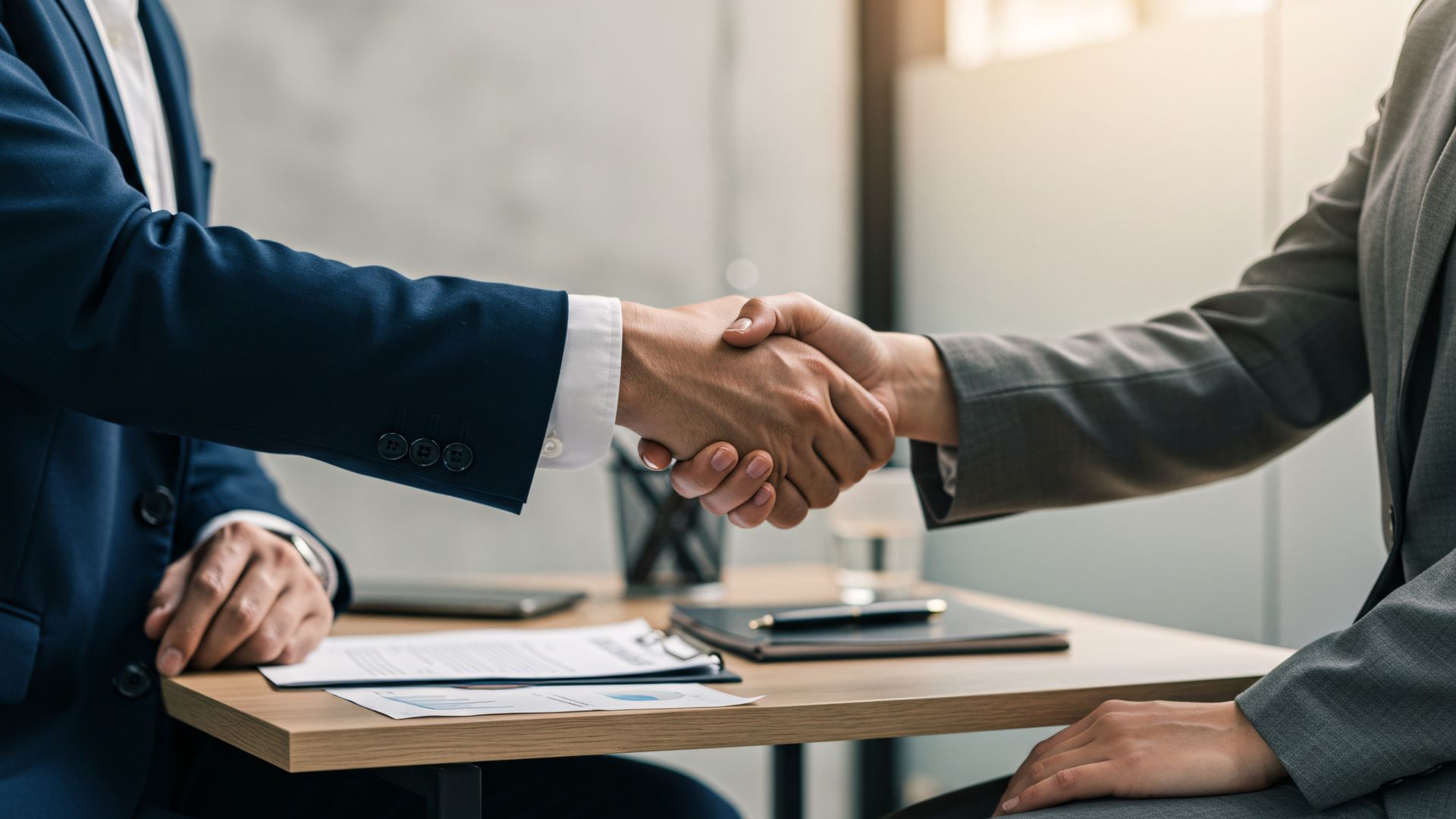 Two people in suits shaking hands over a table with documents.
