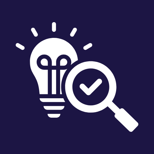 White lightbulb with rays and a magnifying glass with a checkmark, on a dark blue background.