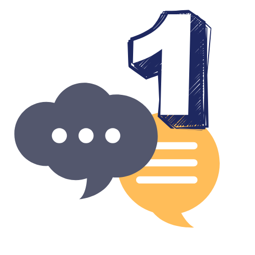 Number 1 above two speech bubbles; one grey with dots, one yellow with lines.