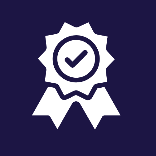 White award ribbon with checkmark on dark blue background.