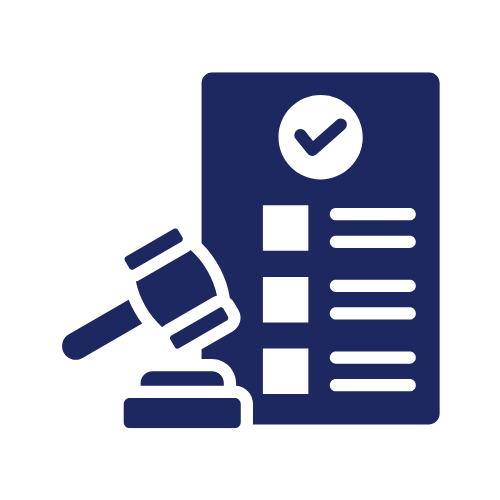 White shield with person icon and checkmark, on dark blue background.