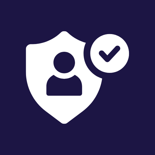 White shield with person icon and checkmark, on dark blue background.