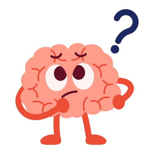 Cartoon brain with questioning expression, arm on chin, thinking. Blue question mark.