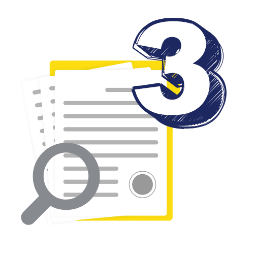 Magnifying glass on documents, with a large number 3.