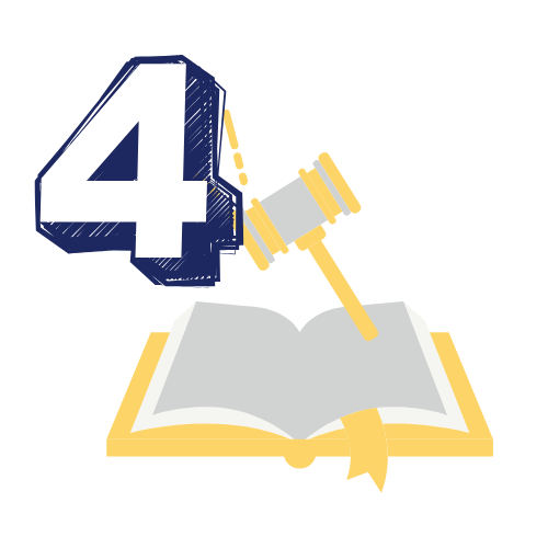 Number 4 with gavel over open book.