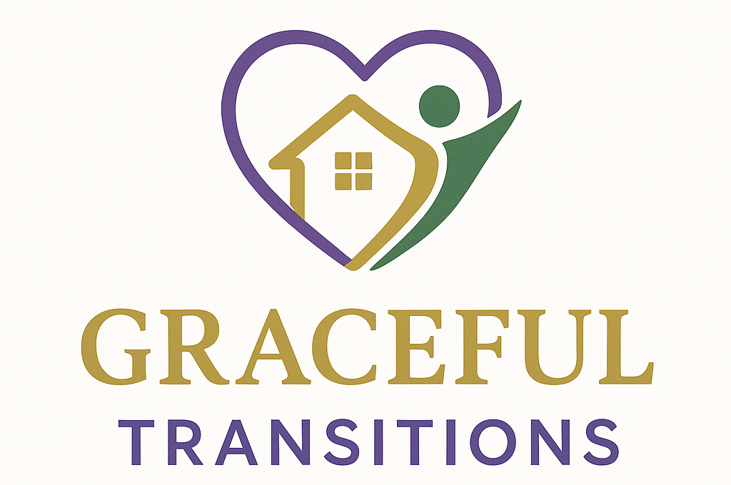 Logo for "Graceful Transitions" featuring a house within a heart, with a person symbol, in purple, gold, and green.